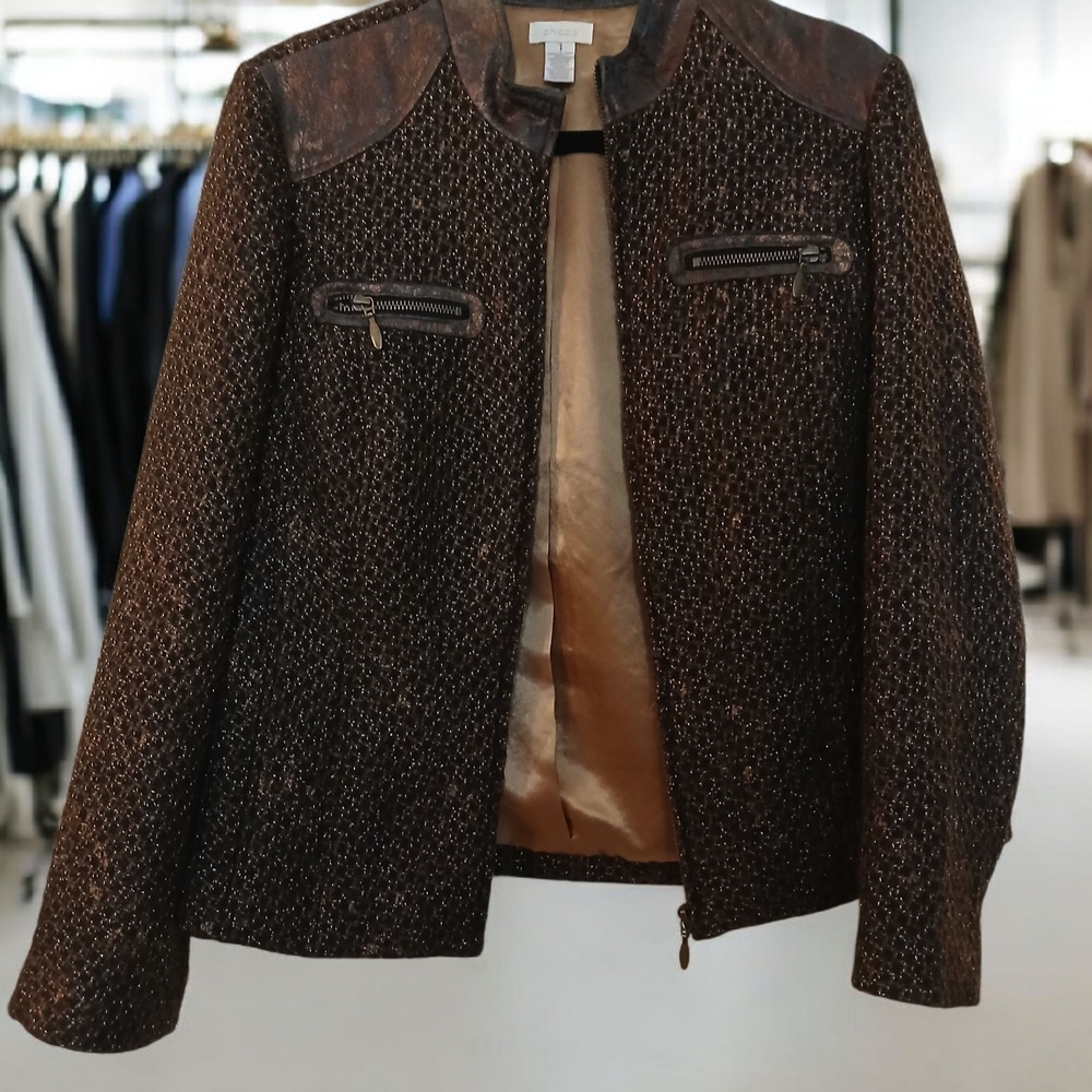 Chico's Brown And Black W/Gold Metallic Details And Leather Collar-Size 1-EUC